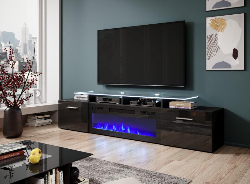 Cama MEBLE ROVA – Έπιπλο Τηλεόρασης με Ηλεκτρικό Τζάκι 190x37x48 cm Μαύρο/Μαύρο Γυαλιστερό
