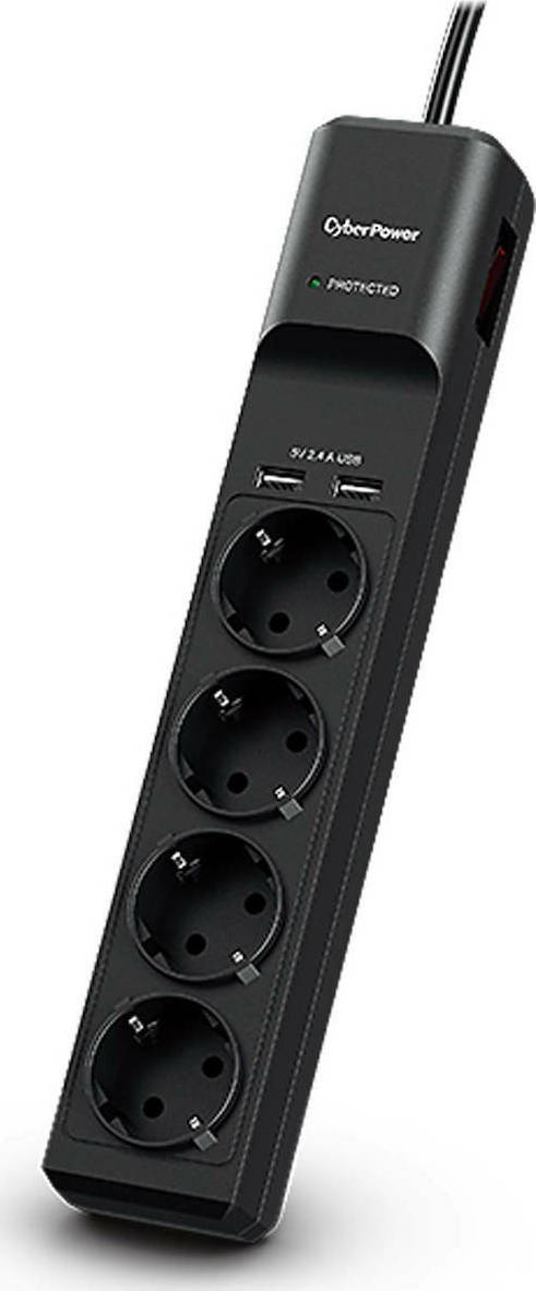 CyberPower Πολύπριζο Ασφαλείας 4 Θέσεων με 2 USB και Καλώδιο 1.8m Μαύρο