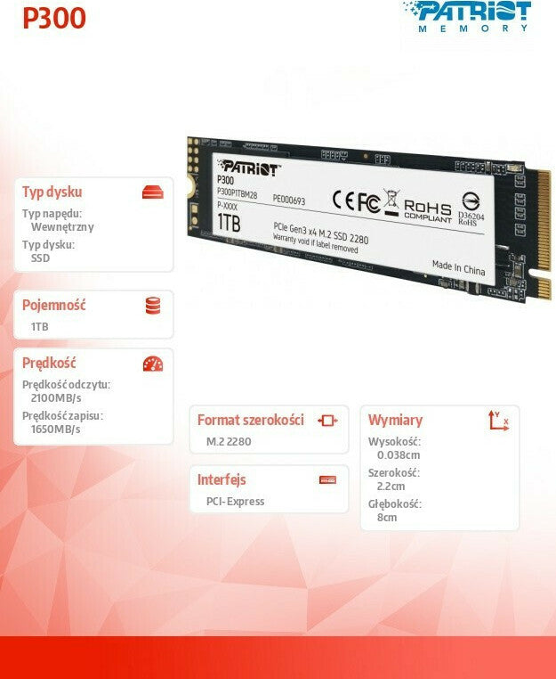Patriot Memory P300 M.2 1000 GB PCI Express 3.0 NVMe
