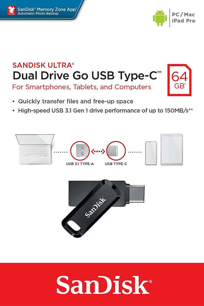 Sandisk Ultra Dual Drive Go 64GB USB 3.1 Stick με σύνδεση USB-A & USB-C Μαύρο