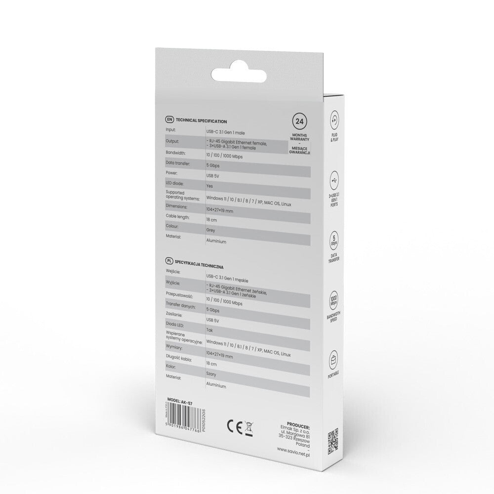 Savio AK-57 USB 3.1 Hub 3 Θυρών με σύνδεση USB-C / Ethernet Γκρι