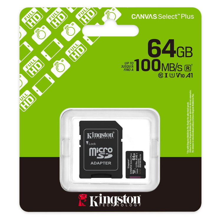 Kingston Canvas Select Plus microSDHC 64GB Class 10 U1 V10 A1 UHS-I με αντάπτορα