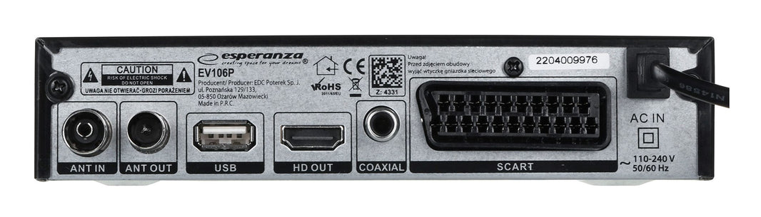 Esperanza EV106P Digital DVB-T2 H.265/HEVC tuner, Black