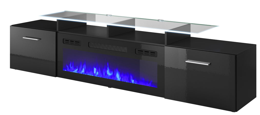 Cama MEBLE ROVA – Έπιπλο Τηλεόρασης με Ηλεκτρικό Τζάκι 190x37x48 cm Μαύρο/Μαύρο Γυαλιστερό